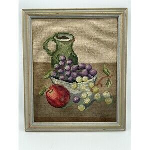 VTG EL-TA Crafts Gallery Needlepoint Still Life With Fruit-Bowl-Vase Handmade